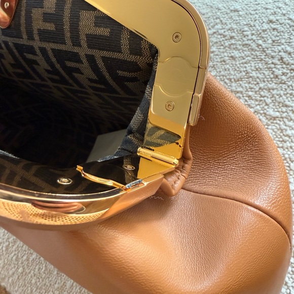 Tan Leather Clutch with Architectural Design - Picture 3 of 4